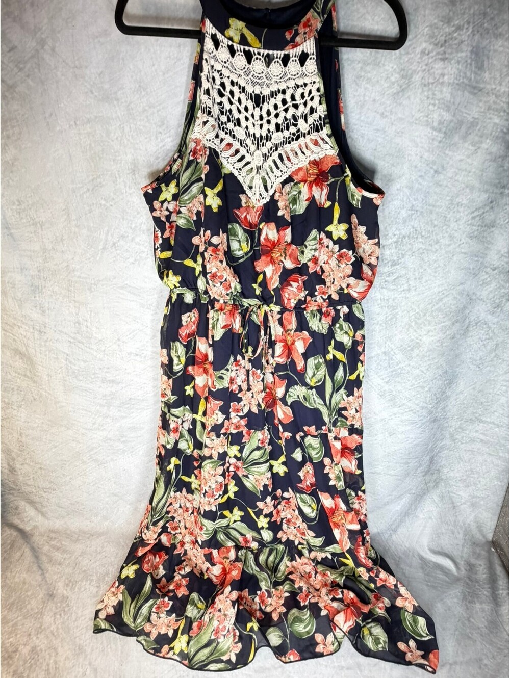 Stella & Julie Women’s 16W Navy Floral Crochet Lace High Low Midi Dress